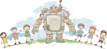 Illustration of a set of Kids Holding Hands with their Steampunk Robot