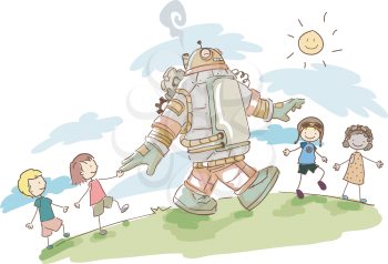 Illustration of Kids Having Fun Walking with their Steampunk Robot
