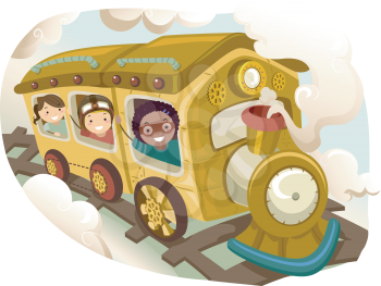 Illustration of Kids Riding On a Steampunk Train