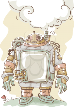Steampunk Illustration of a Thinking Robot with a Thought Balloon Hovering Over It