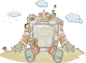 Steampunk Illustration of a Happy Robot Sitting on the Top of a Hill