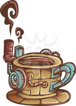Steampunk Illustration of a Coffee Mug Designed with Cogs and Gears