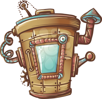 Steampunk Illustration of a Trash Bin Designed with Mechanical Gears