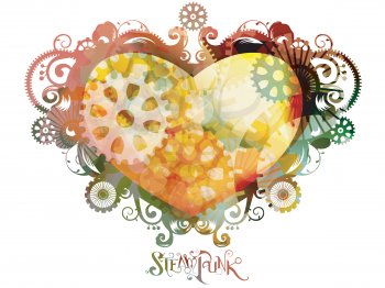 Colorful Illustration of a Steampunk Heart Designed with Cogs and Gears