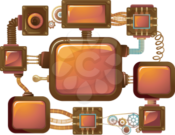 Steampunk Illustration of Multiple Screens Connected by Metal Cables