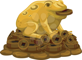 Illustration of a Golden Frog Sitting on Top of Coins to Attract Luck