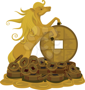 Illustration of a Golden Horse Standing on Top of a Pile of Coins for Luck