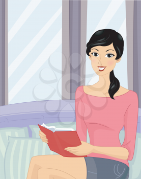 Illustration of a Girl Reading a Book by the Bay Window