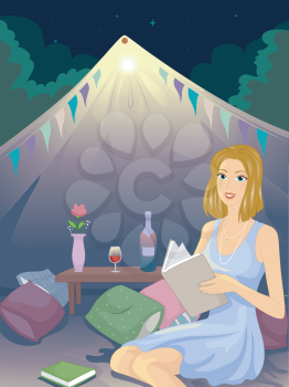 Illustration of a Girl at a Glamping Site Reading a Book