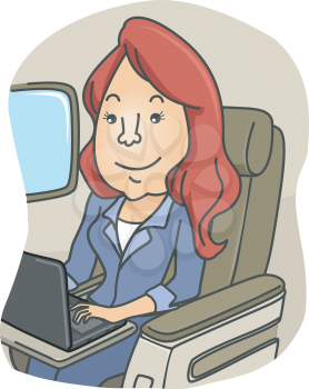 Illustration of a Girl Using Her Laptop While on a Plane