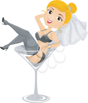 Illustration of a Girl Dressed as a Bride Lying on an Oversized Wineglass