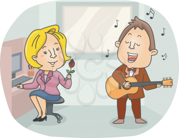 Illustration of a Singing Telegram Employee Serenading an Office Girl