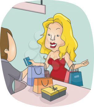 Illustration of a Girl Paying at the Counter with a Credit Card