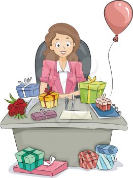 Illustration of an Office Girl with Plenty of Gifts on Her Table