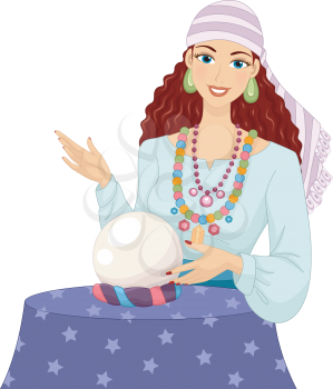 Illustration of a Girl in a Gypsy Costume Touching a Crystal Ball