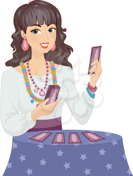 Illustration of a Girl in Gypsy Costume Reading a Tarot Card