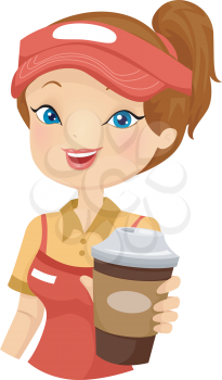 Illustration of a Female Cafe Employee Serving Coffee To Go