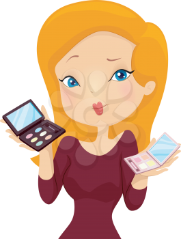 Illustration of a Girl Presenting Two Sets of Make Up Palettes to a Customer