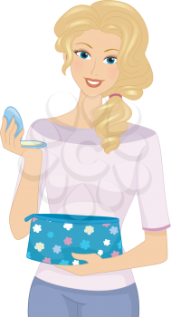 Illustration of a Girl Taking a Compact Powder Out of Her Make Up Kit