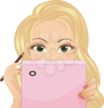 Illustration of a Girl Watching a Tutorial on How to Apply Eyeliner on Her Tablet