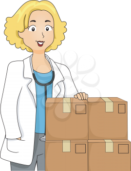 Illustration of a Female Doctor Standing Beside a Stack of Medicine Boxes