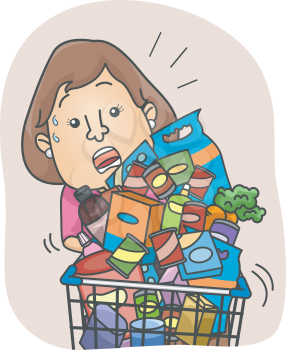 Illustration of a Woman Struggling with a Full Grocery Cart