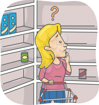 Illustration of a Girl Puzzled Over Empty Shelves