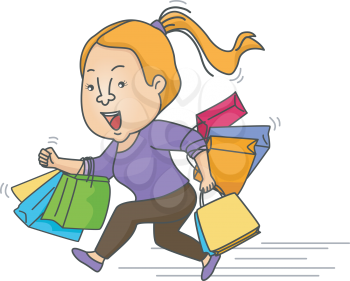 Illustration of a Girl Carrying Shopping Bags Running Frantically