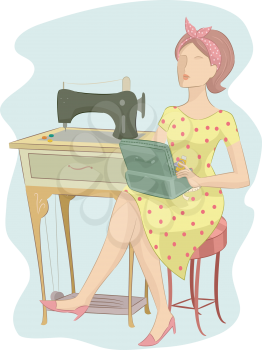 Illustration of a Girl in a Retro Outfit Sitting Beside a Vintage Sewing Machine