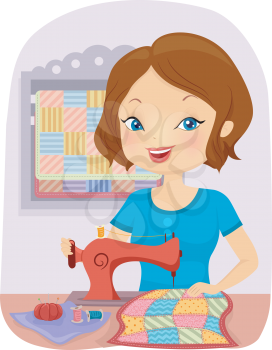 Illustration of a Girl Sewing a Colorful Quilt