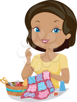 Illustration of a Girl Sewing a Quilt by Hand