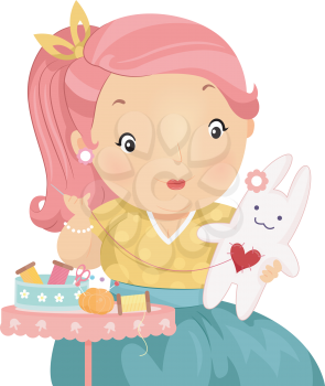Illustration of a Plump Girl Making a Stuffed Bunny