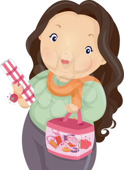 Illustration of a Plump Girl Carrying a Sewing Kit and a Roll of Fabric