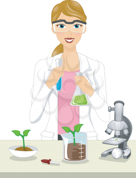Illustration of a Female Agricultural Scientist Conducting an Experiment