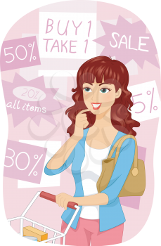 Illustration of a Girl Choosing Among the Discounted Items in a Grocery