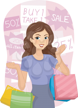 Illustration of a Girl Carrying Shopping Bags Surrounded by Discount Tags