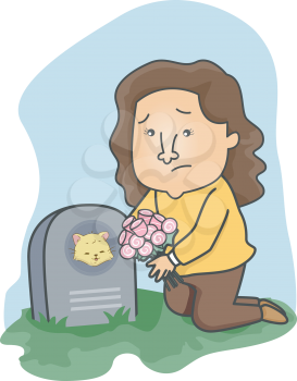 Illustration of a Girl Leaving Flowers on Her Cat's Grave