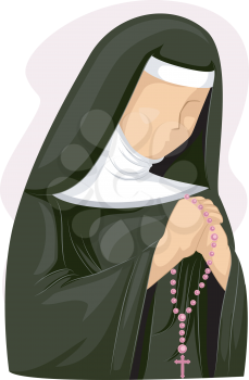 Illustration of a Nun Clutching a Rosary While Praying