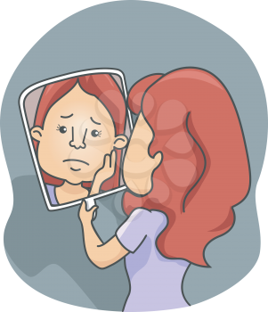 Illustration of a Mirror Reflecting the Image of Sad Female