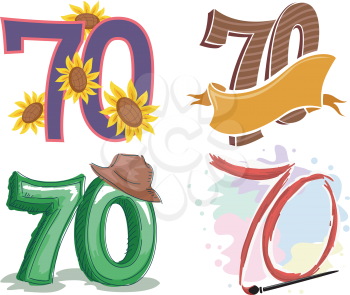 Illustration Featuring the Number 70 Decorated with Colorful Ornaments