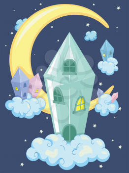 Whimsical Illustration of a Crystal House Framed by the Night Sky