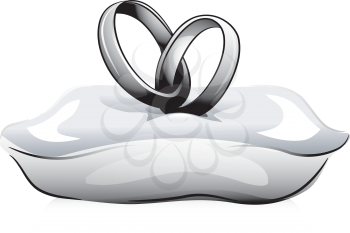Black and White Illustration of a Pair of Wedding Rings Resting on a Cushion