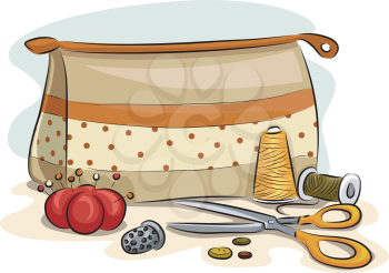Illustration Featuring Sewing Materials Scattered Around a Sewing Kit