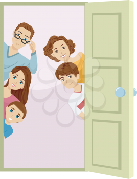 Illustration of an Open Door with a Family Peeking from Behind