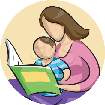 Illustration of a Mother Reading a Storybook to Her Son