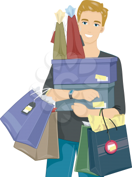 Illustration of a Man Carrying Stacks of Boxes and Shopping Bags