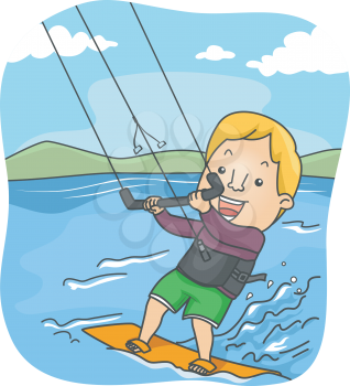 Illustration of a Male Kite Surfer Riding the Waves