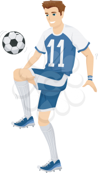 Illustration of a Man in Soccer Costume Practicing with a Ball