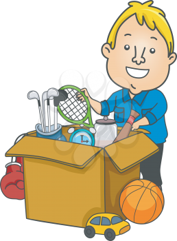 Illustration of a Man Packing Used Sports Equipment to be Donated