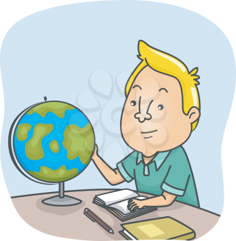 Illustration of a Man Rotating the Globe to Find a Location